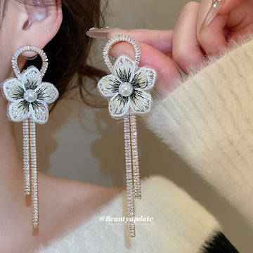 Blue Fabric Flower Earrings With Pearl And Chain Fringe