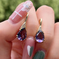 Purple Pear-Shaped Solitaire Leverback Earrings In Gold Tone view 2