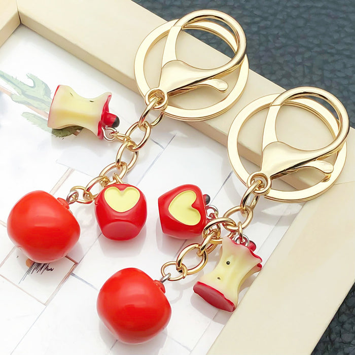 Red Apple Trio Keychain with Whole, Heart Cut and Core Charms