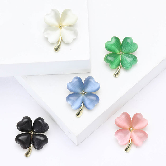 Cat Eye Four Leaf Clover Brooch Gold Stem Five Colors