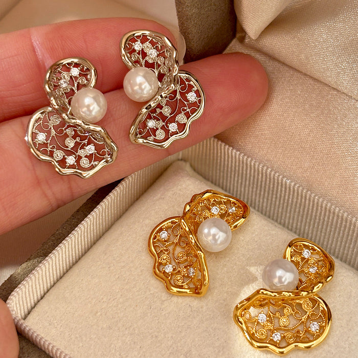 Gold And Silver Tone Open Floral Pearl Stud Earrings