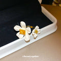 Gold Tone Open Ring With Two White Flowers And Yellow Square Crystal view 2