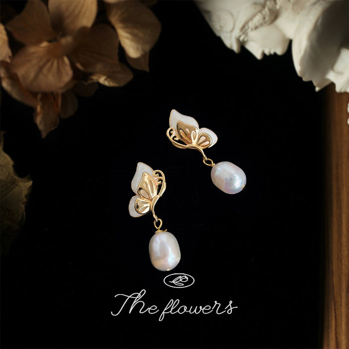 Gold Butterfly Shell Wing Freshwater Pearl Drop Earrings