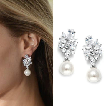 Pearl-Like Round Drop Floral Cluster Earrings In Silver Tone