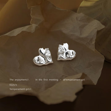 Silver Tone Irregular Folded Heart Stud Earrings For Women