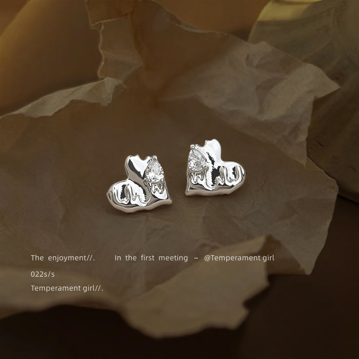 Silver Tone Irregular Folded Heart Stud Earrings For Women
