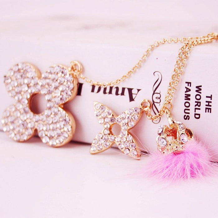 Rhinestone Four Leaf Clover Keychain with Pom Pom Bag Charm for Women