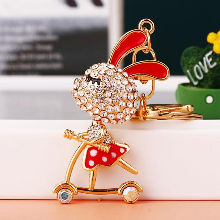 Jeweled Scooter Riding Rabbit Keychains in Four Colors with Loops