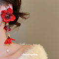 Red Fabric Flower and Pearl Tassel Drop Stud Earrings view 3