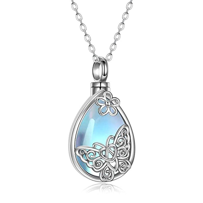 Silver Teardrop Butterfly Moonstone Urn Pendant Necklace