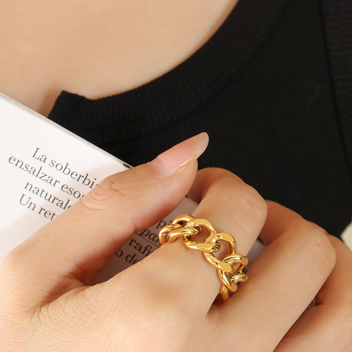 Chunky Curb Chain Link Open Ring Gold Steel Size Six