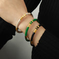 Gold Green Beige Open Enamel Bamboo Segment Cuff Bangles view 1