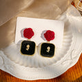 Red Velvet Rose Black Square Drop Earrings Gold Rose Charm view 1