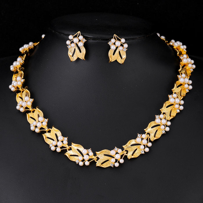 Black Silver Tone Flower Pearl Look Metal Necklace