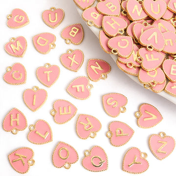 Pink Alphabet Heart Enamel Charms in Gold Tone, 26 Letters and Set