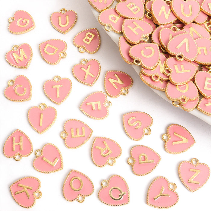 Pink Alphabet Heart Enamel Charms in Gold Tone, 26 Letters and Set