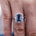 Deep Blue Rectangular Solitaire Floral Halo Ring Silver Tone view 2