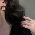 Red Square Stud Earrings With Clear Crystal Centers view 4