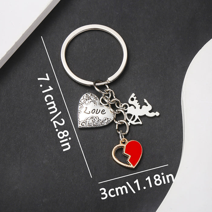 Silver Tone Heart Cupid and Red Broken Heart Keychain