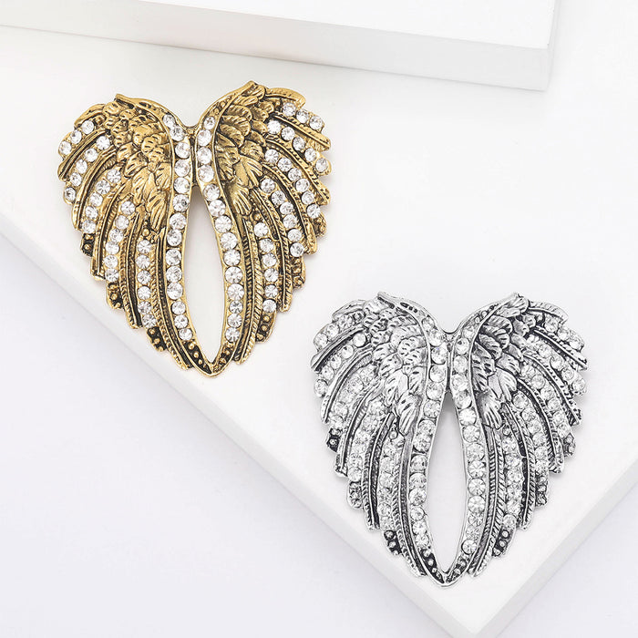 Antique Gold Silver Angel Wing Heart Crystal Brooch Pins