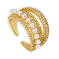 Gold Tone Open Ring Multi Band Pearl Row And Pavé Stones view 5