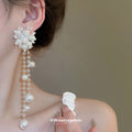 White Floral Pearl Tassel Drop Earrings With Decorative Details view 3