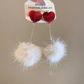 Red Heart and Faux Fur Pom Pom Drop Earrings Statement Fashion Jewelry view 7