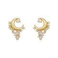 Gold Tone Crescent Moon Clear Stone Tassel Stud Earrings view 5