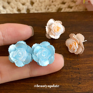 Camellia Flower Stud Earrings in Enameled Iron, Blue or Champagne Pink