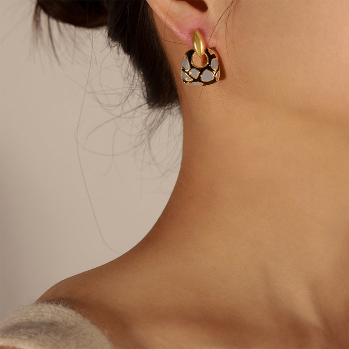 Gold Tone Enamel Drop Earrings Leaf Stud Geometric Pattern