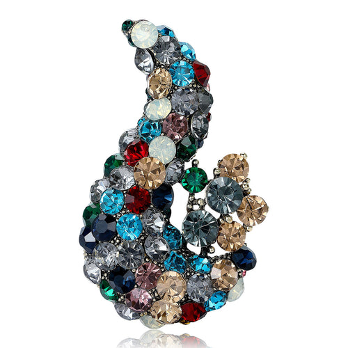 Multicolor rhinestone paisley curved brooch front view