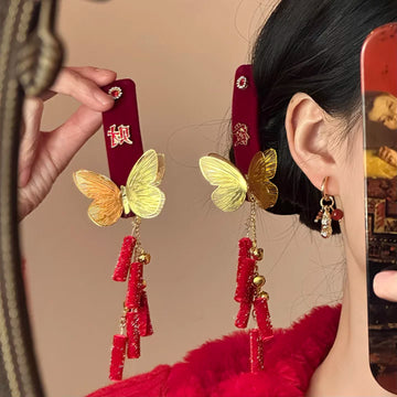 Red Velvet Gold Butterfly Firecracker Tassel Bang Hair Clip