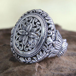 Antique Silver Openwork Floral Oval Ring Sizes 5-12