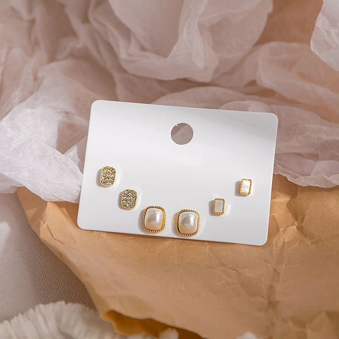 Gold Pearl Mother of Pearl Crystal Three Pair Stud Set