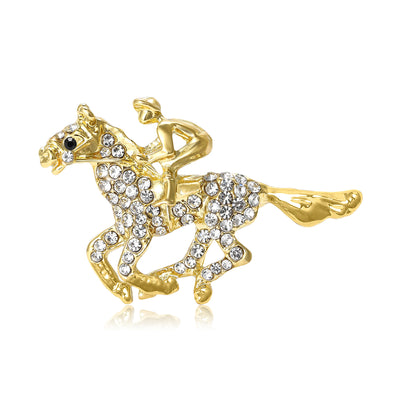 Main front view of Crystal Running Horse Brooch In Silver And Gold Tones