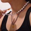Steel Tone Chain Necklace Natural Stone Freshwater Pearl Half view 4