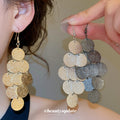 Layered Round Disc Tassel Fish Hook Earrings Statement Jewelry Pair view 1