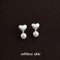 Silver Tone Brushed Heart And White Pearl Drop Stud Earrings view 3