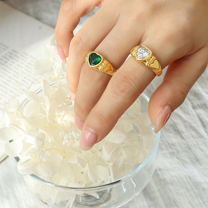 Heart Glass Stone Ring Embossed Band Gold or Steel