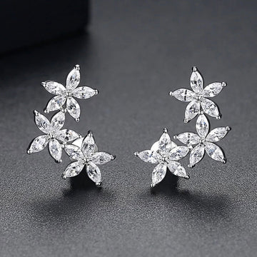 White Gold Tone Marquise Crystal Flower Cluster Studs