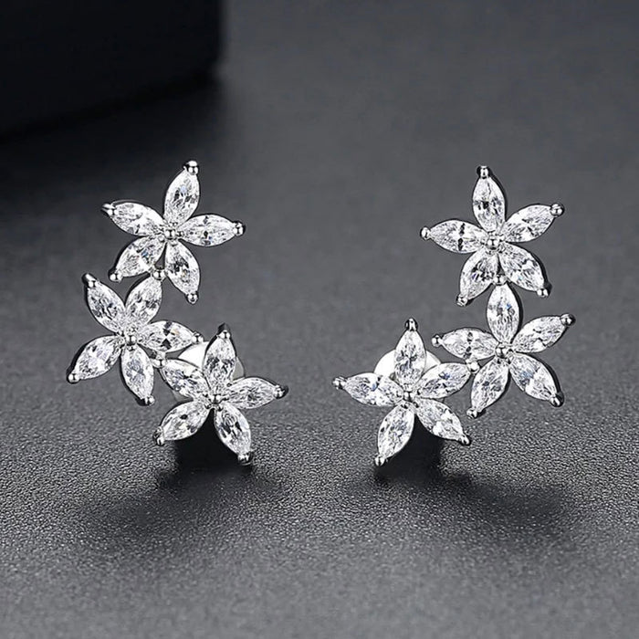 White Gold Tone Marquise Crystal Flower Cluster Studs