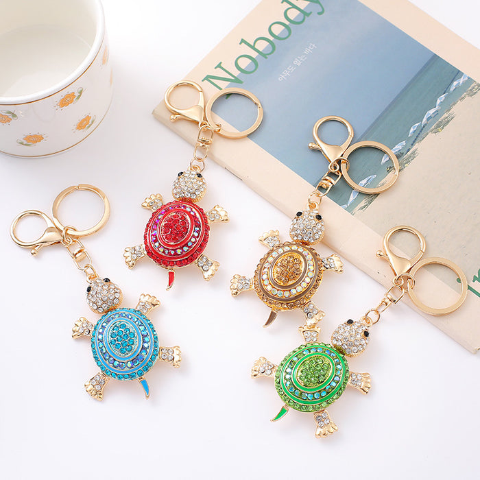 Rhinestone Oval Shell Turtle Keychain Gold Clasp Four Colors