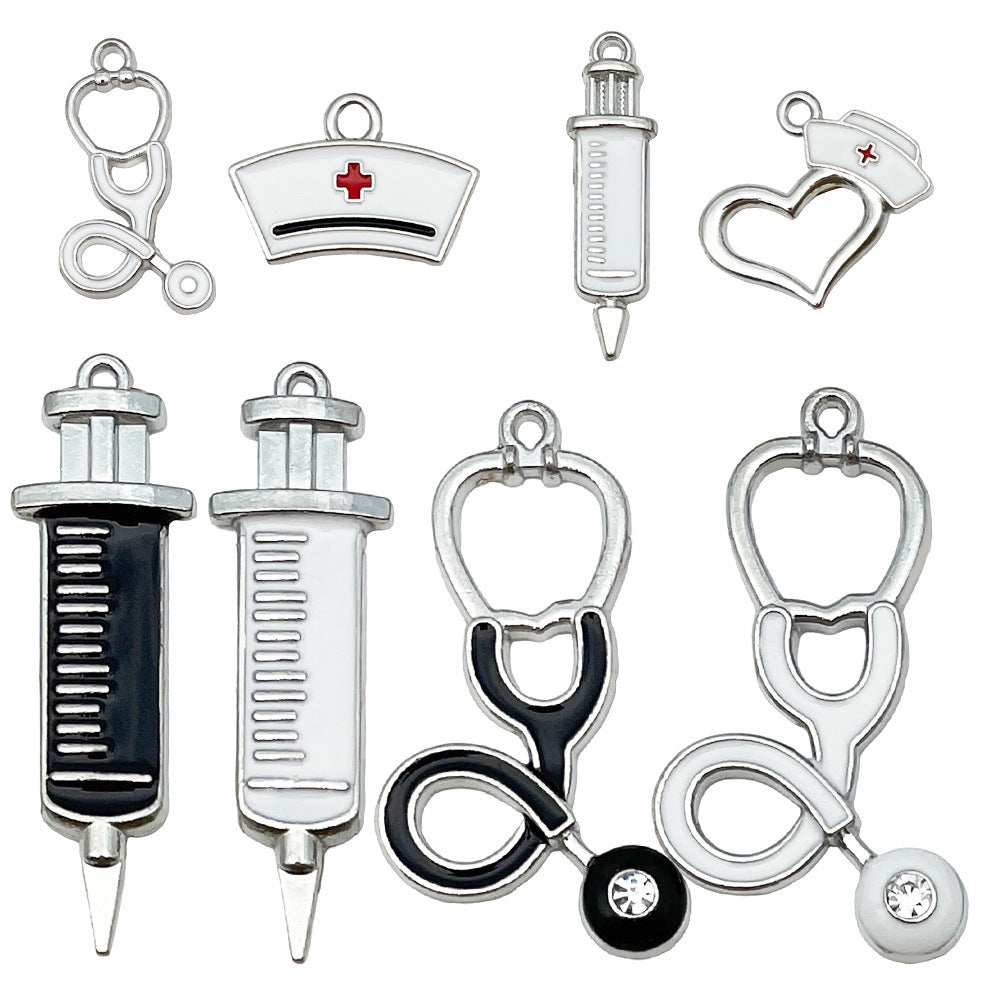 Zinc Alloy Enamel Syringe Stethoscope Nurse Hat Heart Nurse Cap Charm Pendant for DIY Jewelry