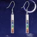 Silver Bar Drop Earrings with Rainbow Round Stones view 2