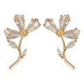 Gold Clear Crystal Flower Stem Stud Earrings Leaf Accents view 5