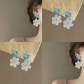 Blue Square And White Daisy Flower Drop Stud Earrings view 1