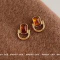 Gold Tone Amber Rectangle Stone Double Loop Stud Earrings view 4