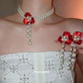 Red Flower Pearl Double Strand Choker Drop Earrings view 1
