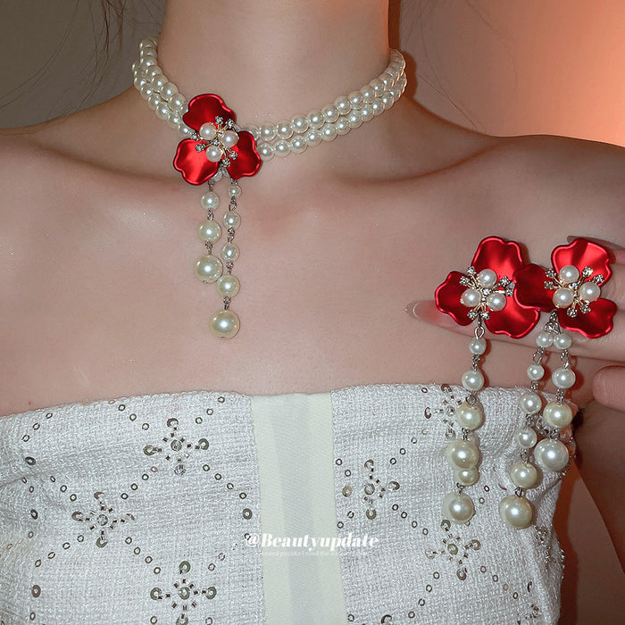 Red Flower Pearl Double Strand Choker Drop Earrings