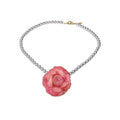 Pink Rose Pendant White Beaded Choker Necklace Statement Jewelry Design view 5